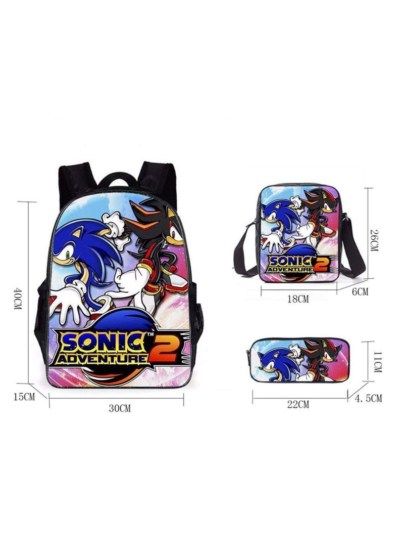 Polyester 3D Sonic Printed 3 In1 School Backpack with Shoulder Bag and Pencil Case for Kids 15.7in Set of 3 Pieces - Image 2