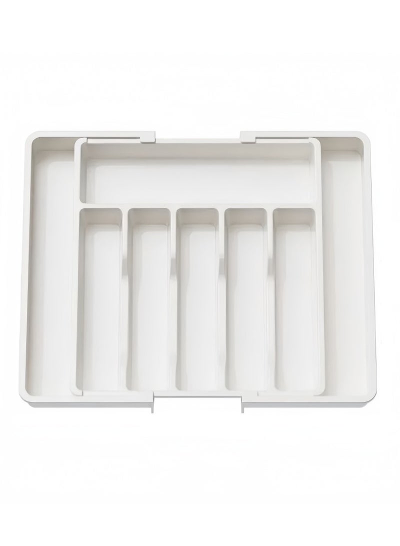 MJZ Silverware Drawer Organizer, Expandable Utensil Tray for Kitchen, Adjustable Flatware and Cutlery Holder, Compact Plastic Storage Drawerstore Holding Spoons Forks Knives, Large, White - Image 1