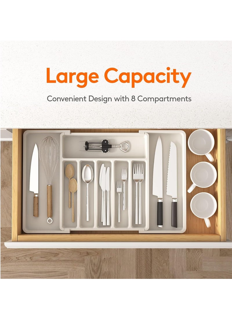 MJZ Silverware Drawer Organizer, Expandable Utensil Tray for Kitchen, Adjustable Flatware and Cutlery Holder, Compact Plastic Storage Drawerstore Holding Spoons Forks Knives, Large, White - Image 2