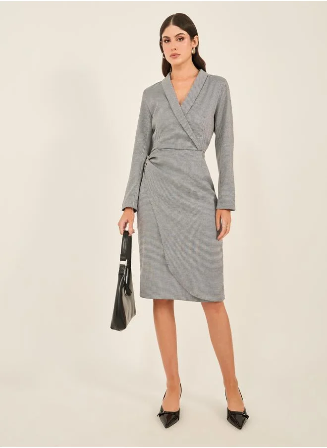 Styli Houndstooth Wrap Blazer Knee Length Dress with Buckle Detail