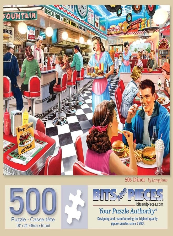 Bits and Pieces – 50’s Diner Jigsaw Puzzle for Adults – Retro American Nostalgia Scene by Larry Jones (500 Piece Puzzle) - Image 1