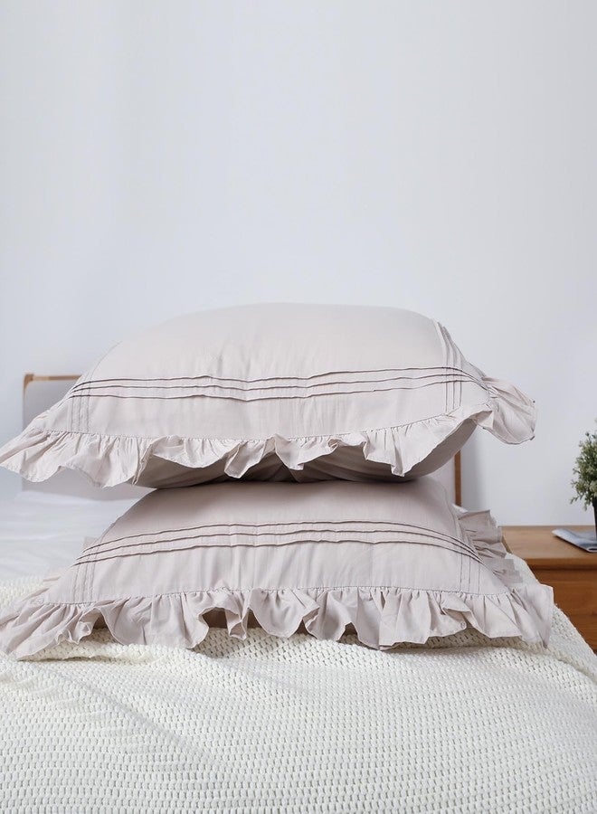 YINFUNG أغطية وسائد أوروبية مكشكشة من الكتان، بيج طبيعي، بنمط ريفي أوروبي، بلون الشوفان، قطن أنيق، أغطية وسائد كبيرة 26x26، طقم من قطعتين، لون جملي، رمادي داكن، بنمط ريفي عتيق، أغطية وسائد أوروبية من الدانتيل، لطيفة - Image 3