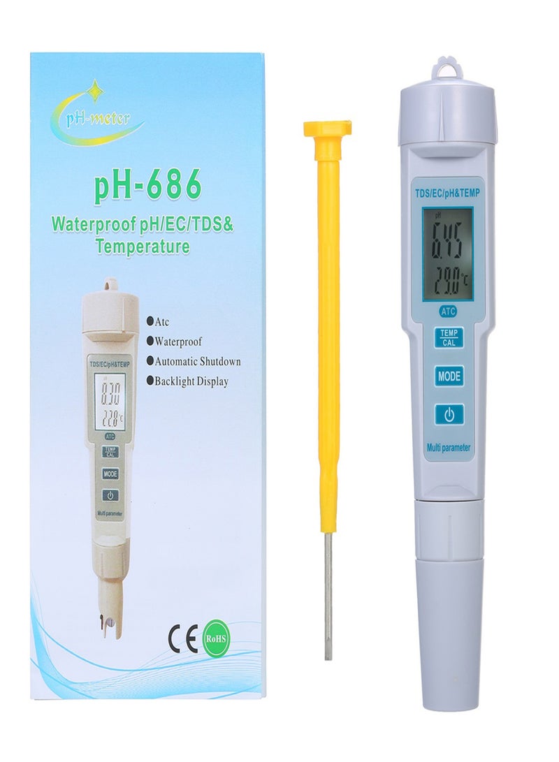 4 in 1 Water Quality Tester pH/EC/TDS/Temperature Meter IP55 Waterproof Automatic Shutdown Backlight Display Tester White PH-686  - Image 3