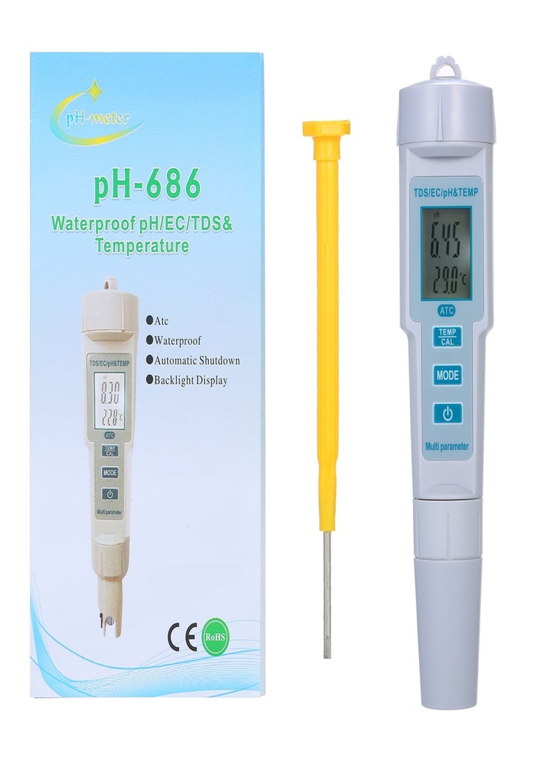 4 in 1 Water Quality Tester pH/EC/TDS/Temperature Meter IP55 Waterproof Automatic Shutdown Backlight Display Tester White PH-686  - Image 5