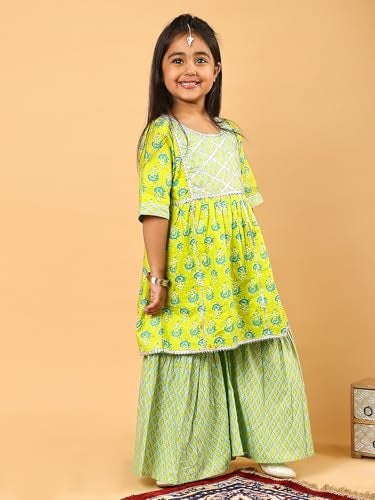 superminis Baby Girls Cotton Sanganeri Printed Frock Style Kurti with Printed Sharara Dress (6-7 Years, Green) - Image 2