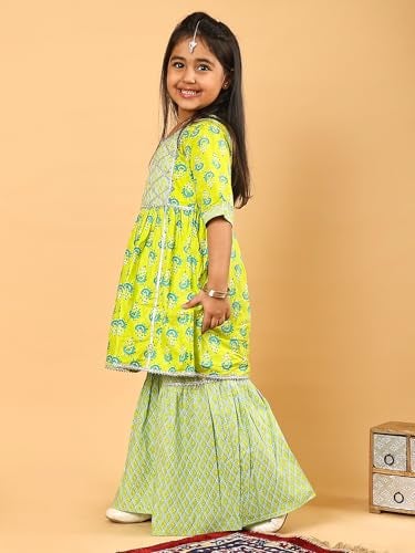superminis Baby Girls Cotton Sanganeri Printed Frock Style Kurti with Printed Sharara Dress (6-7 Years, Green) - Image 3