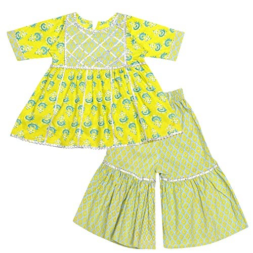 superminis Baby Girls Cotton Sanganeri Printed Frock Style Kurti with Printed Sharara Dress (6-7 Years, Green) - Image 1