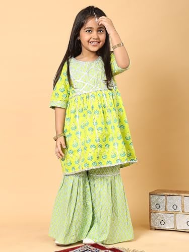 superminis Baby Girls Cotton Sanganeri Printed Frock Style Kurti with Printed Sharara Dress (6-7 Years, Green) - Image 5