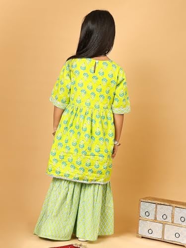 superminis Baby Girls Cotton Sanganeri Printed Frock Style Kurti with Printed Sharara Dress (6-7 Years, Green) - Image 4