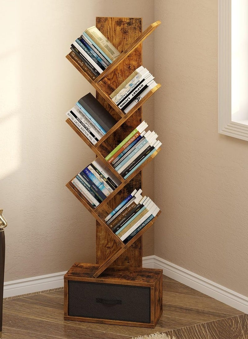 والالا رف كتب مع درج، رف كتب على شكل شجرة من 6 طبقات، رفوف كتب خشبية لتخزين الأقراص المدمجة/الأفلام/الكتب، خزانة كتب بنية ريفية، رفوف تنظيم أدوات لغرفة المعيشة وغرفة النوم - Image 1