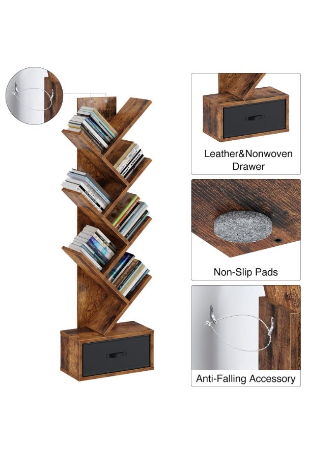 والالا رف كتب مع درج، رف كتب على شكل شجرة من 6 طبقات، رفوف كتب خشبية لتخزين الأقراص المدمجة/الأفلام/الكتب، خزانة كتب بنية ريفية، رفوف تنظيم أدوات لغرفة المعيشة وغرفة النوم - Image 3