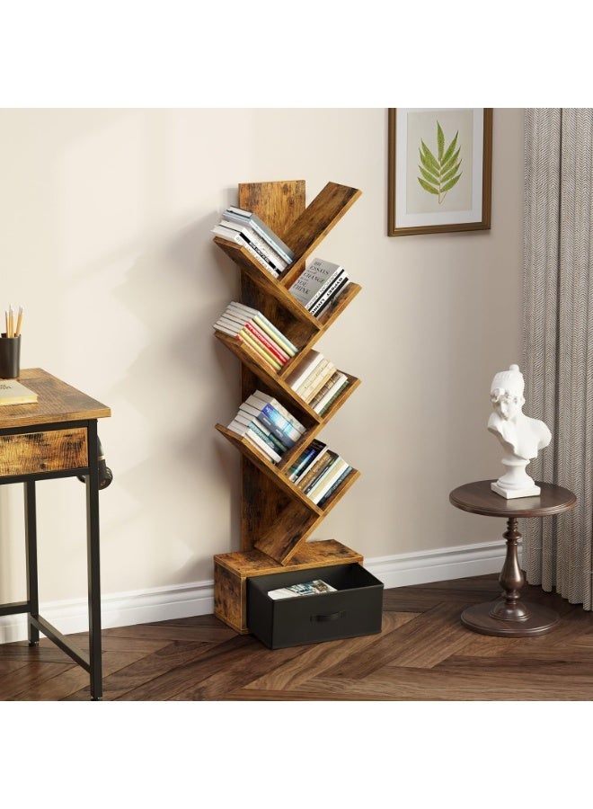 والالا رف كتب مع درج، رف كتب على شكل شجرة من 6 طبقات، رفوف كتب خشبية لتخزين الأقراص المدمجة/الأفلام/الكتب، خزانة كتب بنية ريفية، رفوف تنظيم أدوات لغرفة المعيشة وغرفة النوم - Image 2
