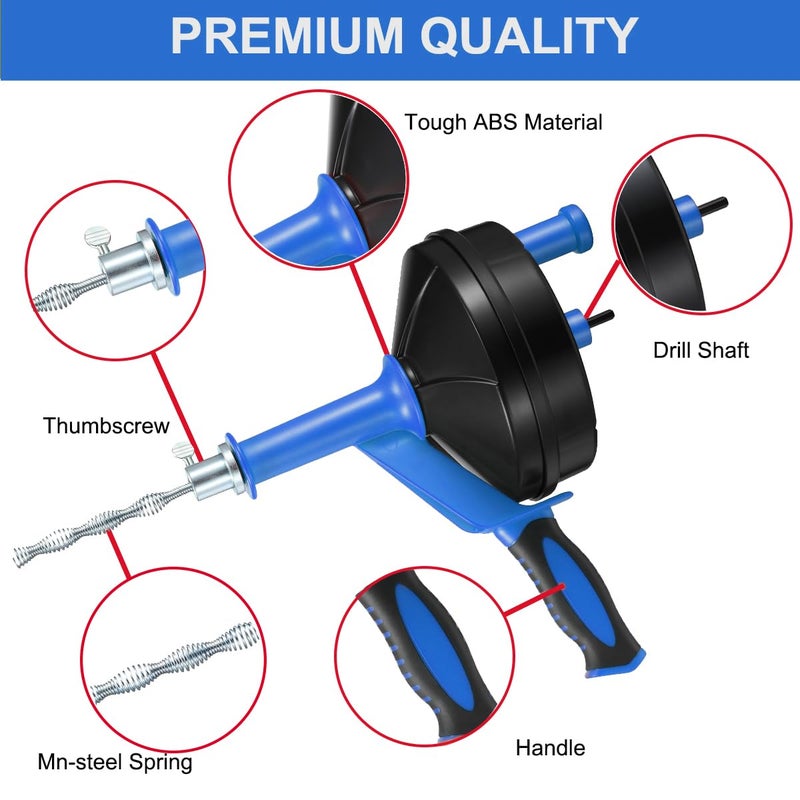 BACEYIOU Drain Auger, Clog Remover with Drill Adapter, 25 Feet Flexible Plumbing Snake Use Manually or Powered for Kitchen, Bathroom and Shower Sink, Comes with Gloves (blue) - Image 2