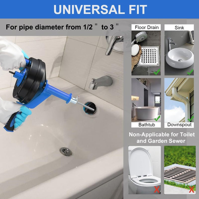 BACEYIOU Drain Auger, Clog Remover with Drill Adapter, 25 Feet Flexible Plumbing Snake Use Manually or Powered for Kitchen, Bathroom and Shower Sink, Comes with Gloves (blue) - Image 3