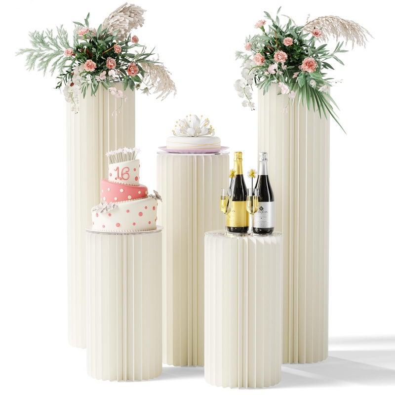 HeiMma 5 Pack Portable White Cylinder Stands for Party, 31.5", 23.6", 15.7" Height Foldable Cardboard Tall Cake Pedestal Stand Flower Floral Pillar Table Stand Event Plinth, cilindros para fiestas redondos blancos for Wedding Parties - Image 1