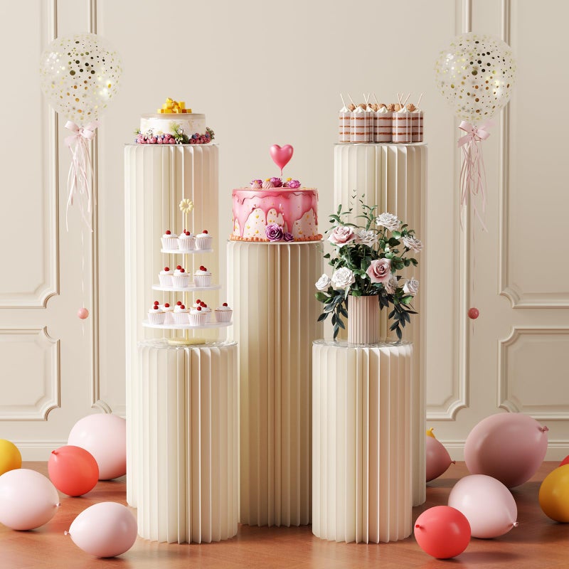HeiMma 5 Pack Portable White Cylinder Stands for Party, 31.5", 23.6", 15.7" Height Foldable Cardboard Tall Cake Pedestal Stand Flower Floral Pillar Table Stand Event Plinth, cilindros para fiestas redondos blancos for Wedding Parties - Image 3