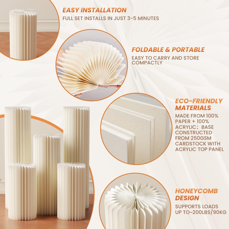 HeiMma 5 Pack Portable White Cylinder Stands for Party, 31.5", 23.6", 15.7" Height Foldable Cardboard Tall Cake Pedestal Stand Flower Floral Pillar Table Stand Event Plinth, cilindros para fiestas redondos blancos for Wedding Parties - Image 4