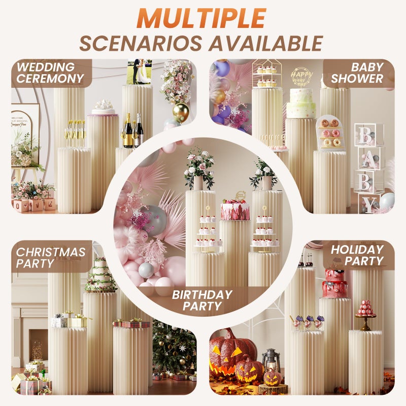 HeiMma 5 Pack Portable White Cylinder Stands for Party, 31.5", 23.6", 15.7" Height Foldable Cardboard Tall Cake Pedestal Stand Flower Floral Pillar Table Stand Event Plinth, cilindros para fiestas redondos blancos for Wedding Parties - Image 5