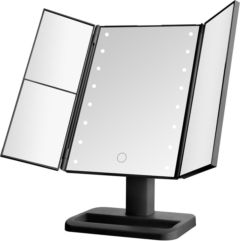 Elements Tri Fold LED Vanity Mirror, 3 Magnifications and Dimmable LED Lights, Black, 7.09x4.69x11.61 Inch