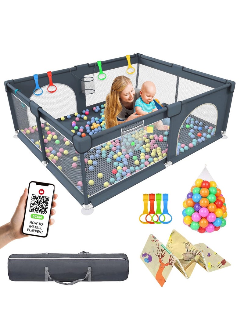 RFAQK Large Baby Playpen With Foam Play Mat Ultimate Baby Activity Center With 2 Zipper Doors 4 Hand Grips 40 Balls Storage Bag and Basket Play Yard for Toddlers 127x127x68.58 Cm  - Image 1