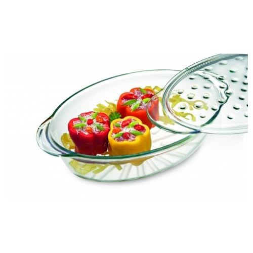 Simax Glass Baking Dish with Lid  Large Oval Shaped Casserole  3 Qt with Ridges