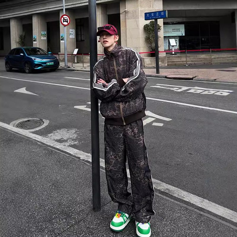 American Retro Leopard Print Sport suit Jacket Trendy Brand Mens vintage Digital Print Striped Jacket Sweatpants Suit (top + pants) 