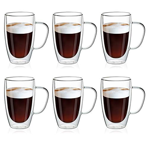 MEWAY 16oz6 pack Coffee Mugs Thickened Clear Glass Double Wall Cup with handle for Coffee Tea Latte Cappuccino 16 oz6