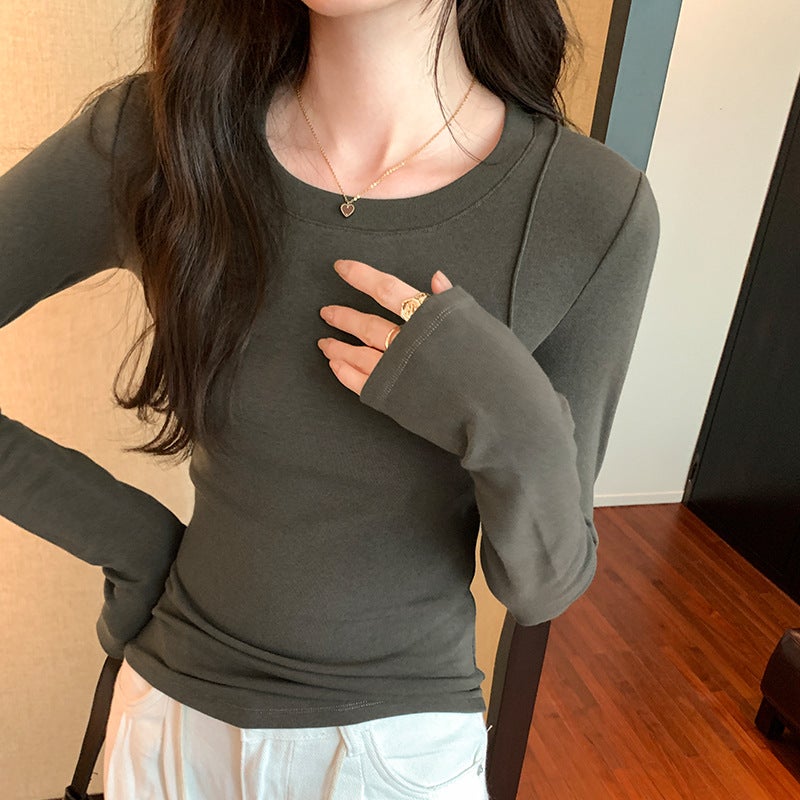 DXH-401-405 Real Photograph Long-sleeved T-shirt Womens Inner 2024 Fall/Winter New Stitching Slim-fit All-match Round Neck Black
