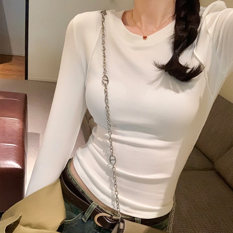DXH-401-405 Real Photograph Long-sleeved T-shirt Womens Inner 2024 Fall/Winter New Stitching Slim-fit All-match Round Neck Black