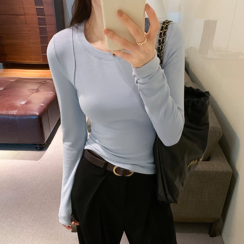 DXH-401-405 Real Photograph Long-sleeved T-shirt Womens Inner 2024 Fall/Winter New Stitching Slim-fit All-match Round Neck Black