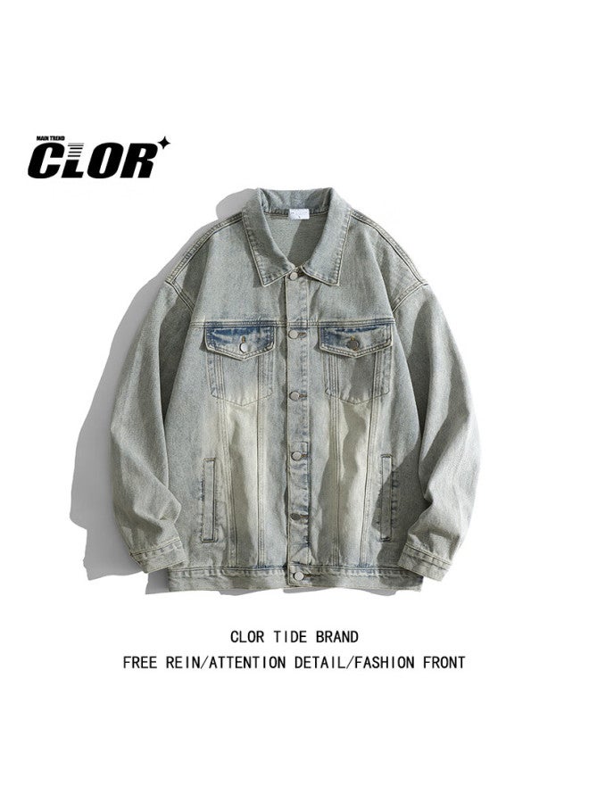 Clor Vintage Washed Denim Jacket Men Street Loose Fit Versatile Coat Jk18 Yellow Mud Color 2XL - Image 1