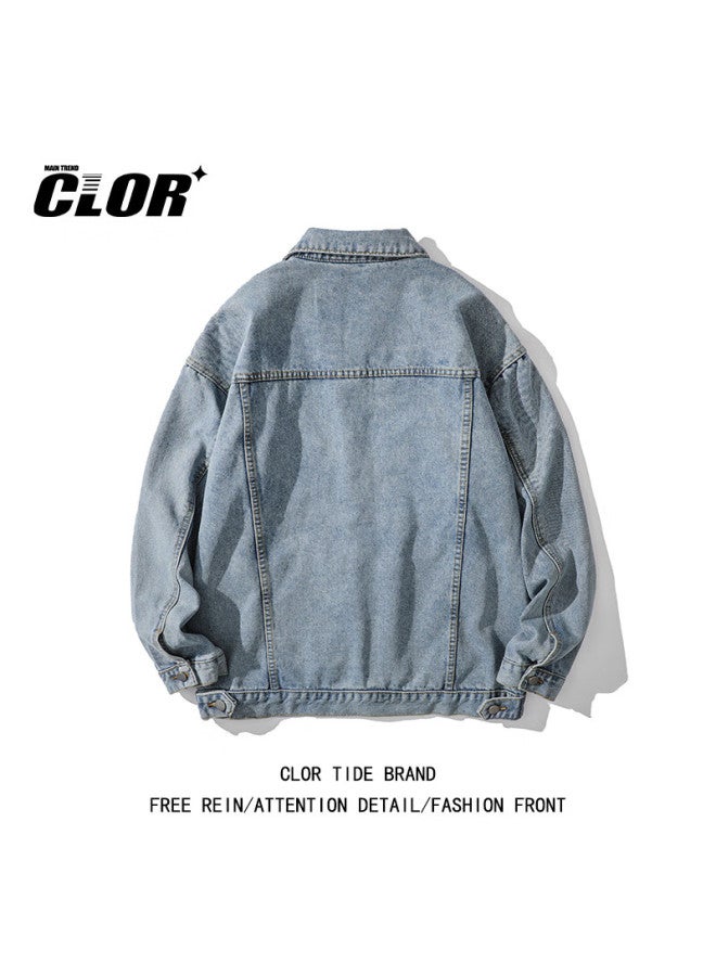 Clor Vintage Washed Denim Jacket Men Street Loose Fit Versatile Coat Jk18 Yellow Mud Color 2XL - Image 3