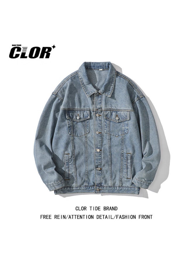 Clor Vintage Washed Denim Jacket Men Street Loose Fit Versatile Coat Jk18 Yellow Mud Color 2XL - Image 2