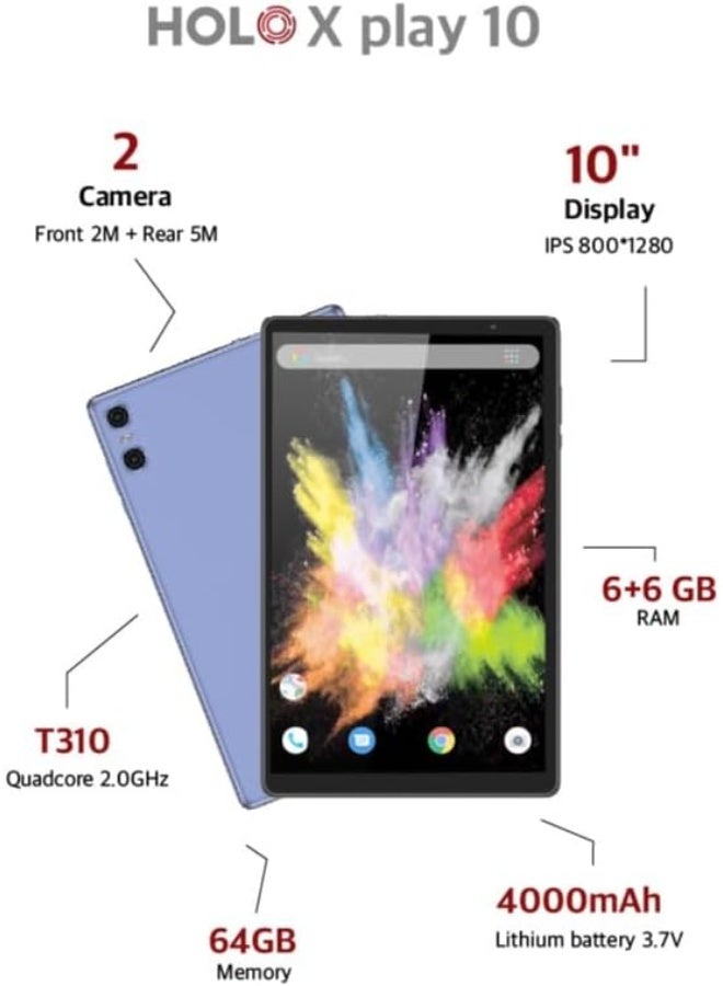 هولو تابلت اكس بلاي 10 H3 بشاشة 10.1 بوصة ثنائي شرائح الاتصال مع ذاكرة روم 64 جيجا وذاكرة RAM 12 جيجا وبطارية 4000MaH ونظام تشغيل اندرويد 12 وشبكة الجيل الخامس ال تي اي 5G، لون أزرق - Image 3