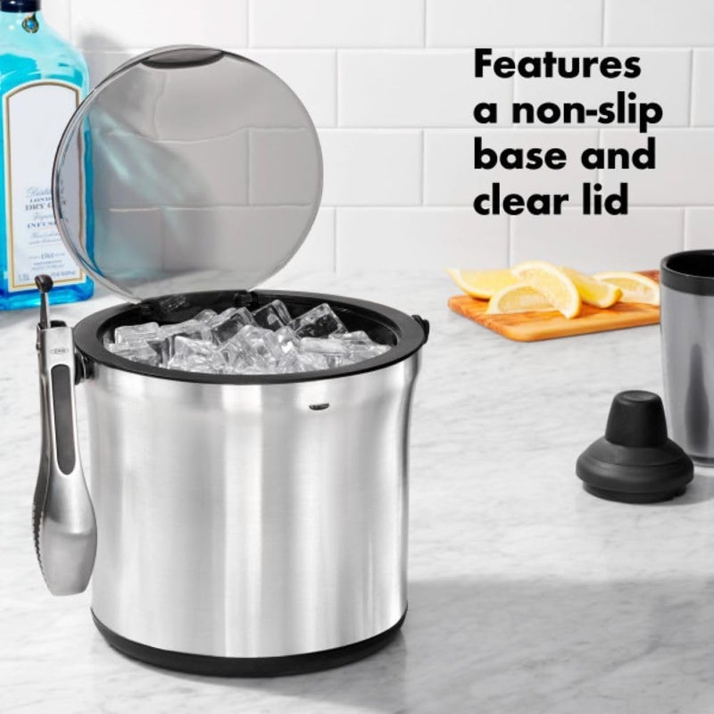 OXO SteeL Ice Bucket and Tongs Set - Brushed Stainless Steel with Clear Lid - Image 5