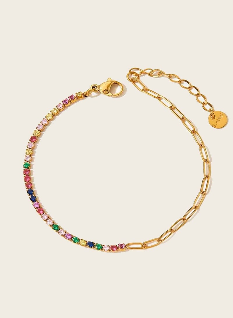 كاف كريشنس سوار سلسلة كريستال قوس قزح، ستانلس ستيل مطلي بالذهب 18 قيراط، 17+3 سم، أحجار كريمة مختلطة للنساء والفتيات - Image 2