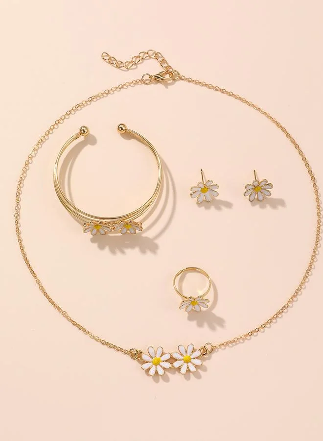 Take Two Take Two 4pcs Girl's Flower Decor Necklace Bracelet Earrings And Ring Set