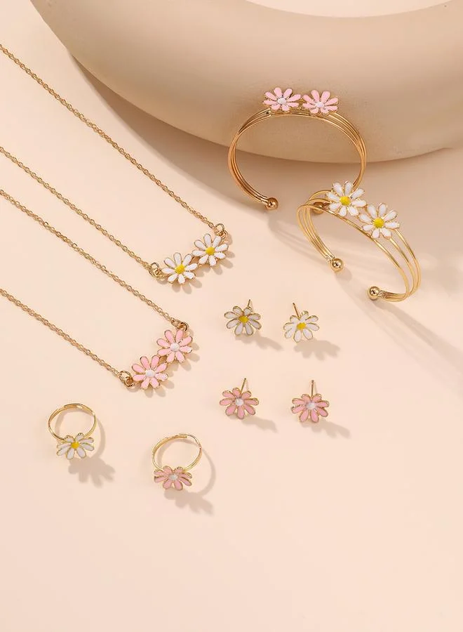 Take Two Take Two 4pcs Girl's Flower Decor Necklace Bracelet Earrings And Ring Set
