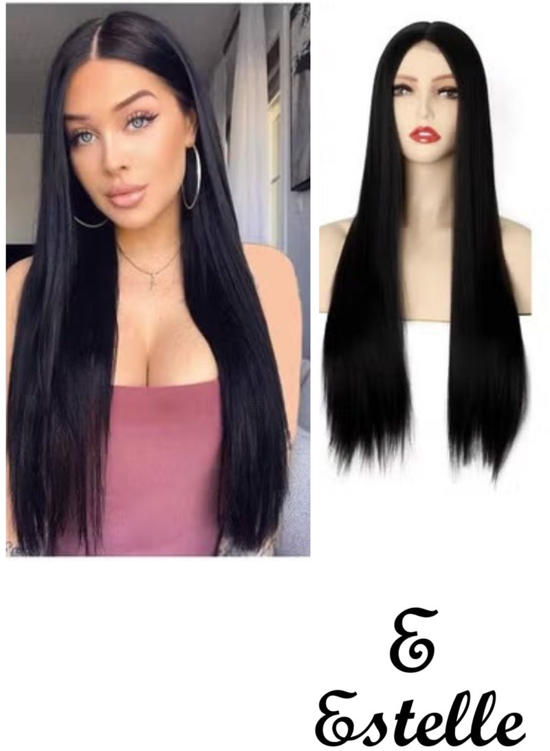 إستيل أزياء باروكة الدانتيل الجبهة الصغيرة للنساء مستقيم طويل أسود الطبيعة - Image 1