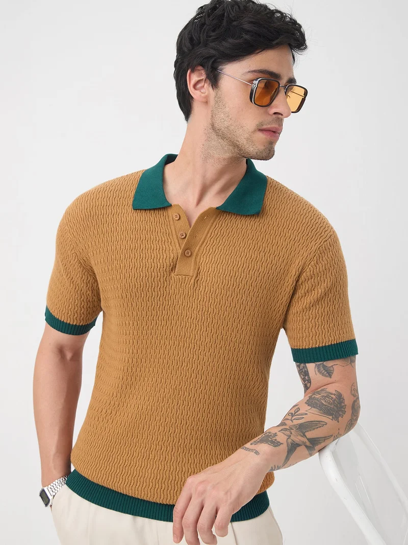 The Souled Store Jacquard Polo: Mustard