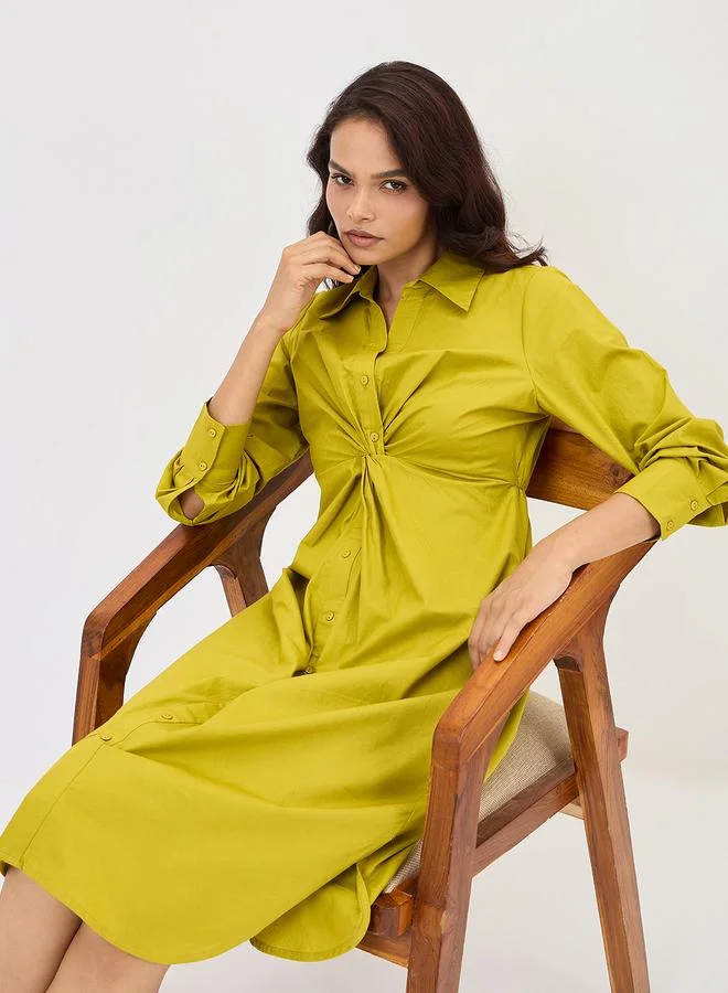 Femmella  Citrine Green Poplin Knot Detail Midi Dress for Women | Best Price UAE