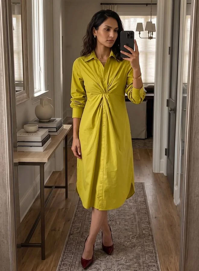 Citrine Green Poplin Knot Detail Midi Dress