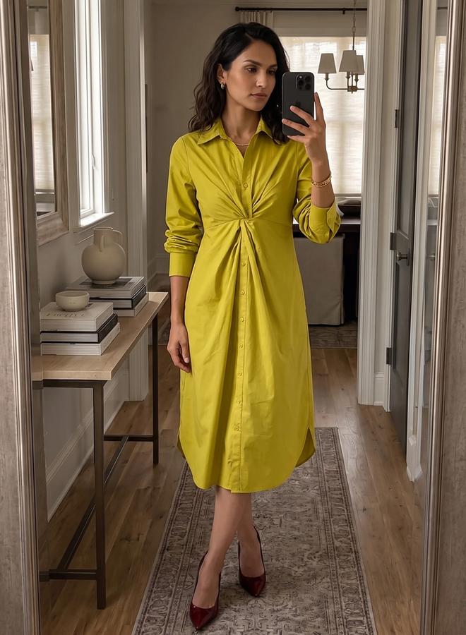 Femmella Citrine Green Poplin Knot Detail Midi Dress - Image 1
