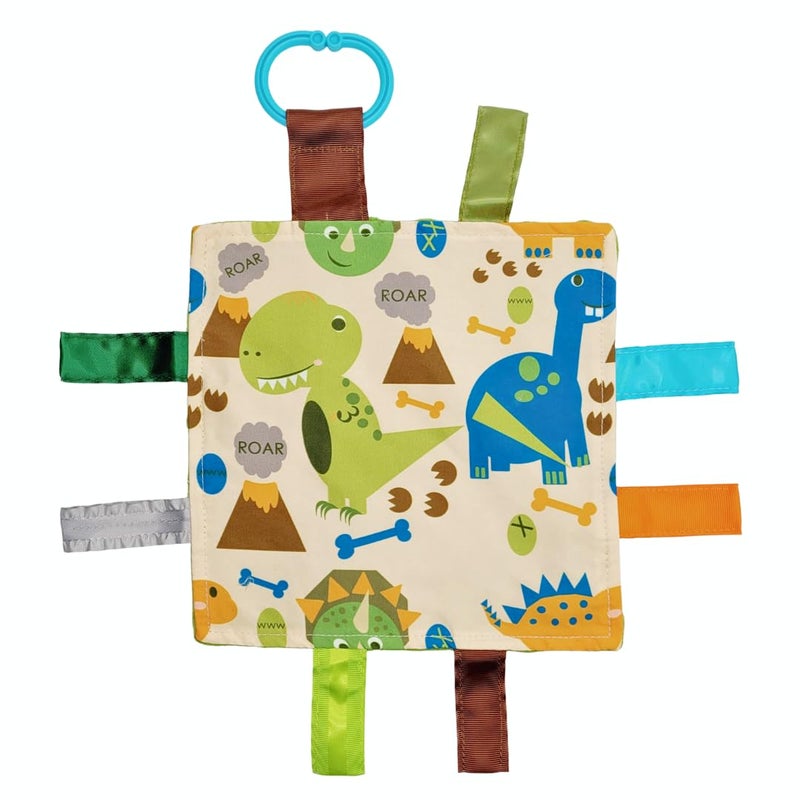 The Learning Lovey Baby Jack & Co 8x8” Dinosaur Prehistoric T-Rex Big Teeth Lovey Tag Toy - Crinkle Toy for Developing 5 Senses - Soother - Learn Shapes & Colors - Travel Gift - BPA Free w/Stroller Clip - Image 1