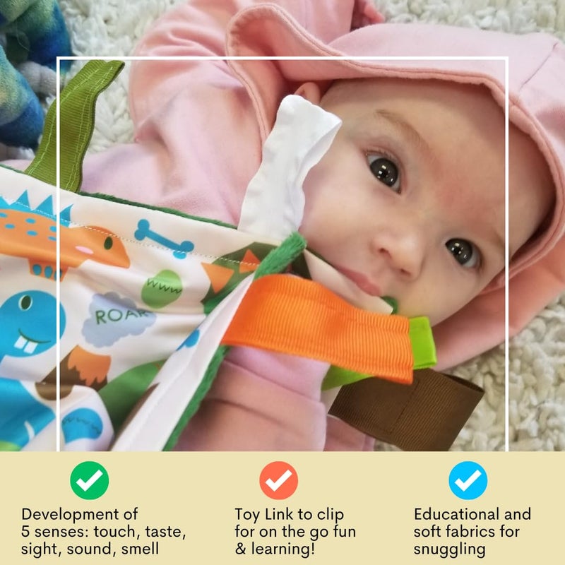 The Learning Lovey Baby Jack & Co 8x8” Dinosaur Prehistoric T-Rex Big Teeth Lovey Tag Toy - Crinkle Toy for Developing 5 Senses - Soother - Learn Shapes & Colors - Travel Gift - BPA Free w/Stroller Clip - Image 5