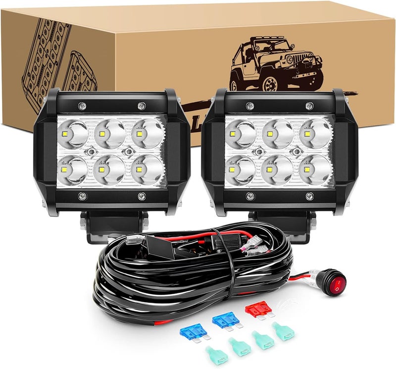 GOOACC 2PCS 18W LED Pods Spot Light Bar with Wiring Harness for Off-Road Vehicles - Image 1
