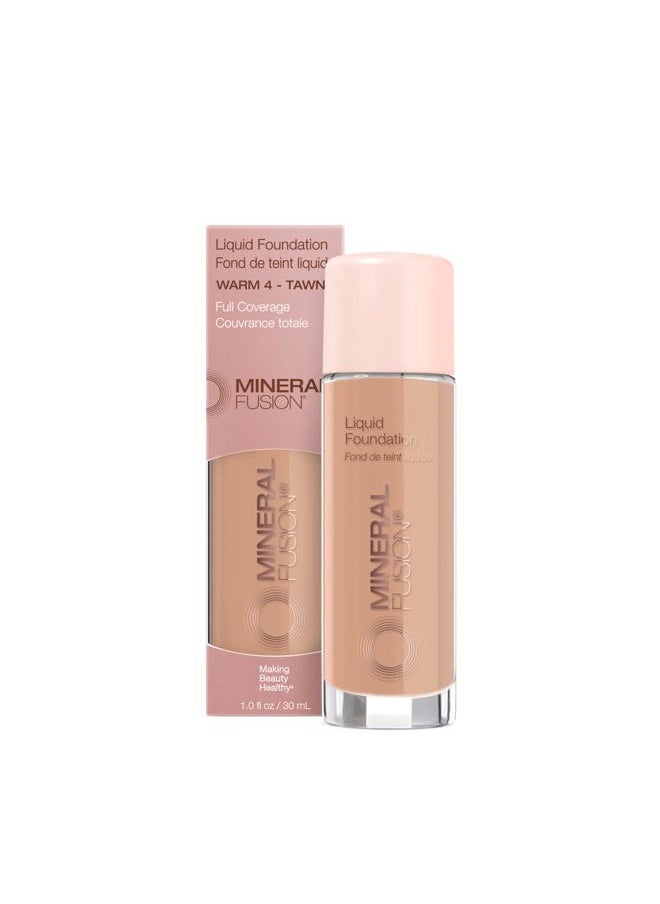 Mineral Fusion Full Coverage Foundation, Liquid Foundation - Warm 4- Med to Tan Complexion w/Golden/Yellow Undertones, Lightweight Matte Finish, Up to 12 Hr Hydration, Hypoallergenic & Vegan, 1 fl. oz  - Image 1
