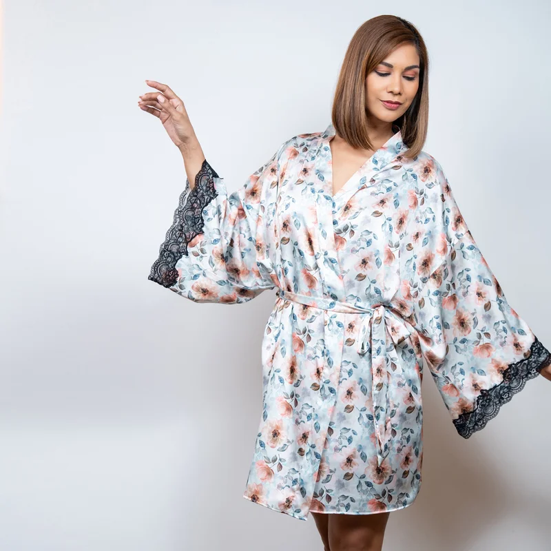 Aadaraya Aadaraya Floral Print Sateen Robe with Tie-Up Belt