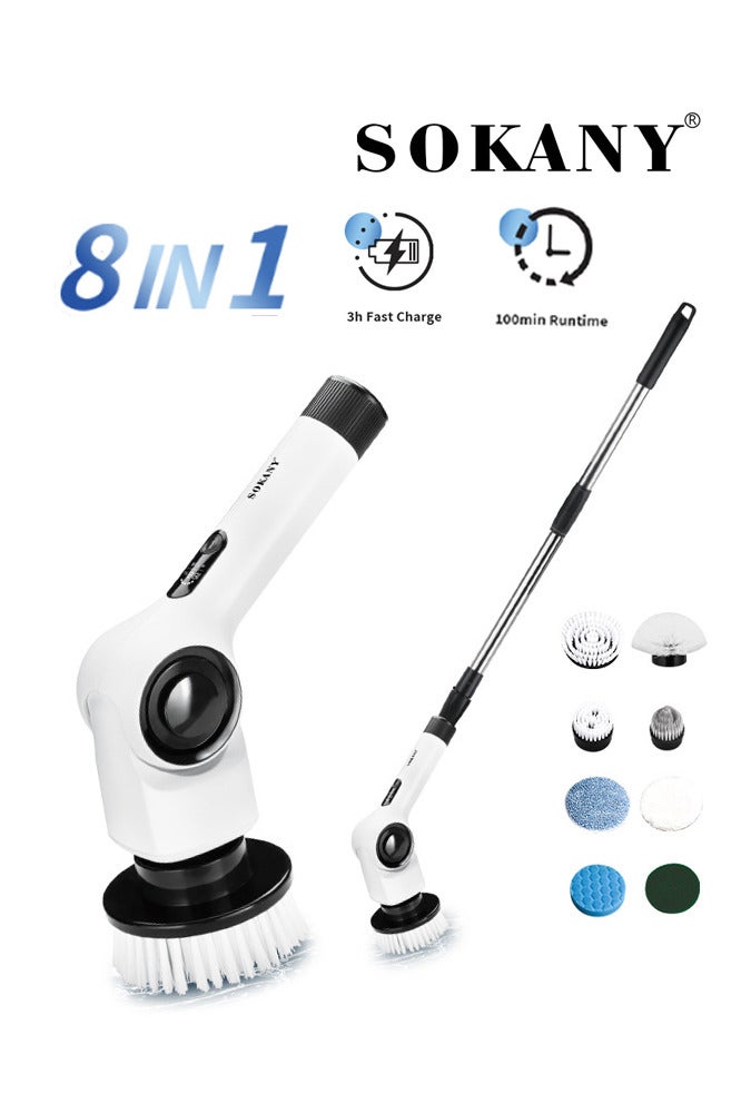 sokany Electric Spin Scrubber, Electric Scrubber with 8 Brush Heads & Extension Handle, Cordless Shower Cleaner IPX7 Bathroom Power Scrubber, Cleaning Brush for Floor Tile, Tub, Kitchen,SK-13058,White - Image 1