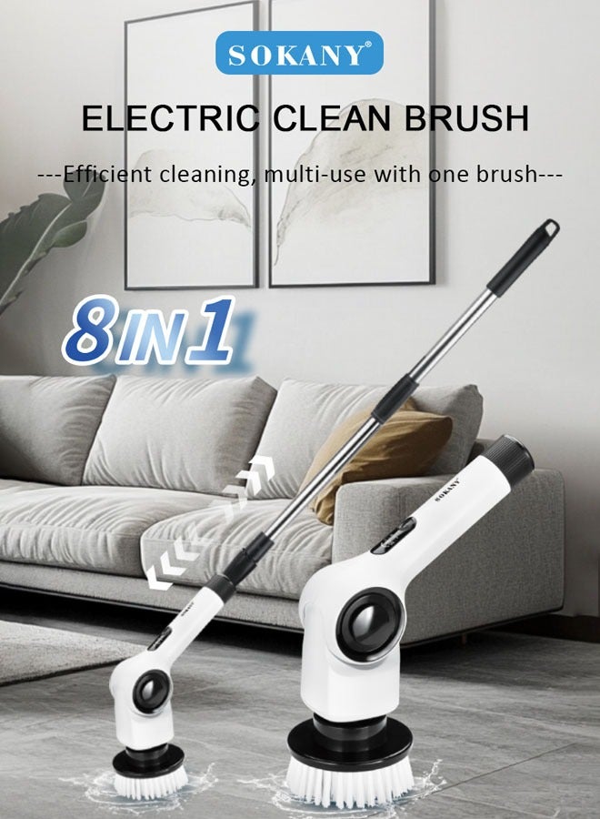 sokany Electric Spin Scrubber, Electric Scrubber with 8 Brush Heads & Extension Handle, Cordless Shower Cleaner IPX7 Bathroom Power Scrubber, Cleaning Brush for Floor Tile, Tub, Kitchen,SK-13058,White - Image 2